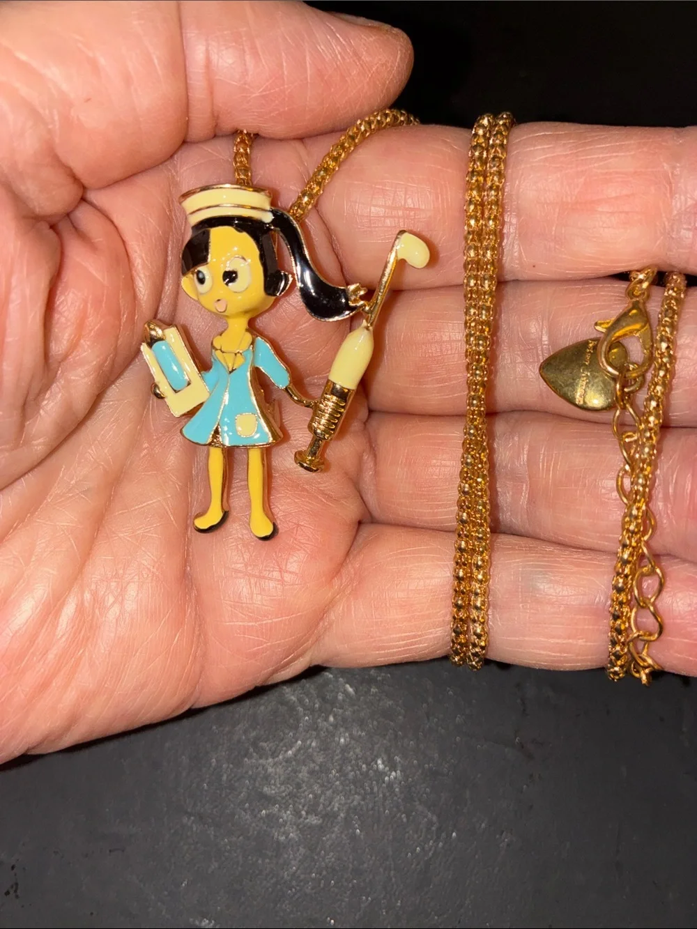 Nurse Necklace/Brooch Pin with Yellow and Blue Enamel
